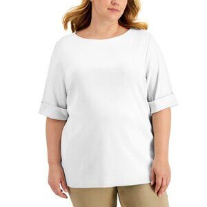 Karen Scott Extra Large Petite White Cotton Elbow-Sleeve Top NWT